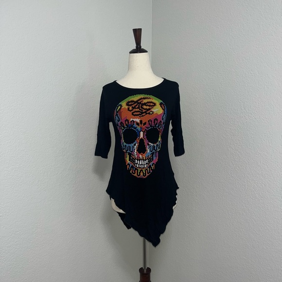 Ay Guey Tops - Ay Guey Black MultiColor Skull Top